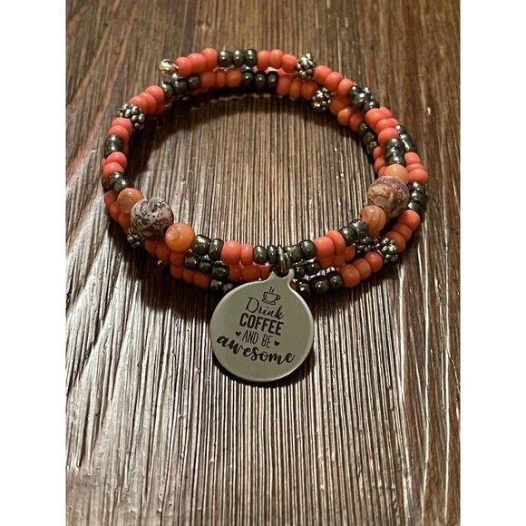 Handmade Coral and gray beaded charm bracelet with Drink Coffee and be awesome - Picture 1 of 4